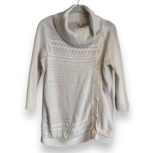Womens Banana Republic White Cowl Neck Cable Knit Side Button Sweater Size Large - Picture 1 of 16
